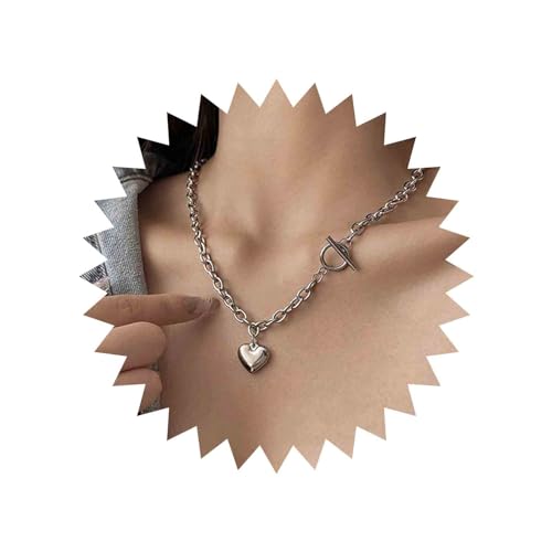 Aneneiceera Simple Love Halskette Silber Retro Quaste Halskette OT Schnalle Choker Link Schicke Kette Herzförmiger Anhänger Boho Halskette Punk Party Nachtclub Hochzeitsschmuck für Frauen und Mädchen von Aneneiceera