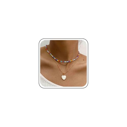 Aneneiceera Vintage Bunte Reisperlen Choker Halskette Geschichtet Herz Halskette Silber Herz Anhänger Halskette Multi Farbe Samen Perlen Halskette Kette Schmuck Für Frauen von Aneneiceera