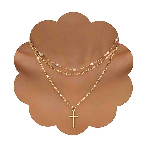 Aneneiceera Vintage Geschichtet Perle Kreuz Choker Halskette Gold Kreuz Anhänger Halskette Winzige Perle Halskette Lange Kreuz Kruzifix Halskette Kette Schmuck Für Frauen Und Mädchen von Aneneiceera