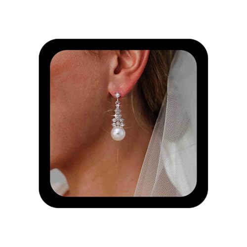 Aneneiceera Vintage Hochzeit Kristall Perle Baumeln Ohrringe Silber Lange Strass Kronleuchter Ohrring Braut Cz Kristall Tropfen Ohrringe Weiße Perle Ohrring Schmuck Für Frauen von Aneneiceera