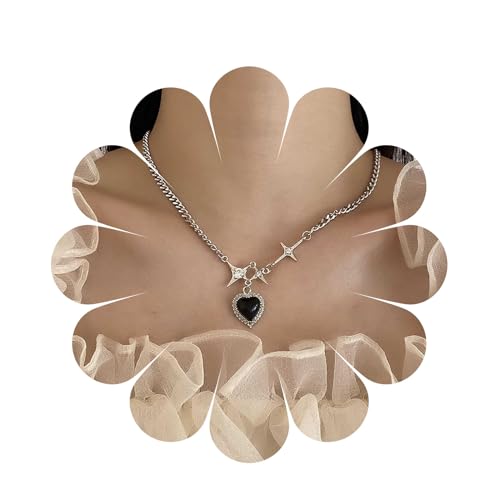 Aneneiceera Vintage Onyx Herz Anhänger Halskette Silber Liebe Herz Choker Halskette Winzig Cz Kreuz Herz Halskette Chunky Punk Kette Halskette Schmuck Für Frauen Und Mädchen von Aneneiceera