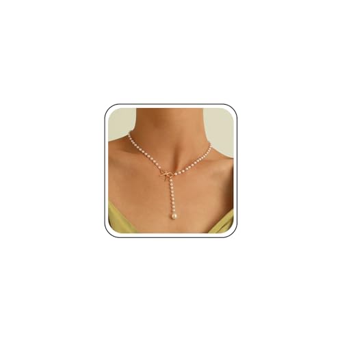 Aneneiceera Vintage Perle Y Lariat Halskette Kristall Perle Anhänger Halskette Strass Kette Y Halskette Gold Bogen Choker Halskette Perle Y Tropfen Halskette Kette Für Frauen (ohne Kristall) von Aneneiceera