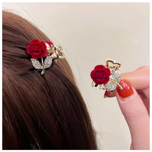 Aneneiceera Vintage Rote Satin Blume Haarspange Barrette Roten Samt Haar Klemme Barrette Dicken Floralen Kristall Haar Kralle Pin Clips Dekorative Haar-Accessoires Für Frauen (Rose) von Aneneiceera
