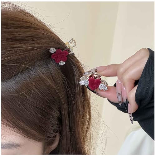 Aneneiceera Vintage Rote Satin Blume Haarspange Barrette Roten Samt Haar Klemme Barrette Kristall Floral Haar Kralle Pin Clips Dekorative Haar-Accessoires Für Frauen (Blume) von Aneneiceera
