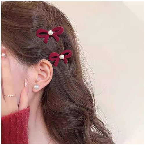 Aneneiceera Vintage Rote Satinschleife Haarspange Barrette Roter Samtschleifenknoten Haarspange Klemme Perle Fliege Haarnadel Clips Dekorative Haarschmuck Für Frauen 2pcs (mit Perle) von Aneneiceera