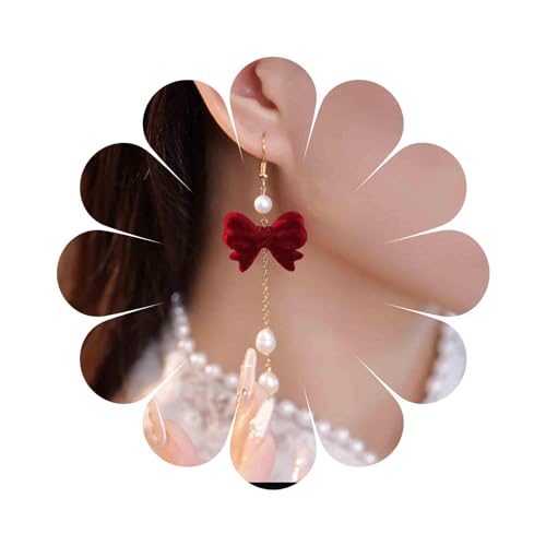 Aneneiceera Vintage Samt Bogen Perle Ohrringe Rot Wildleder Bogen Ohrringe Lange Quaste Perle Baumeln Haken Ohrringe Braut Rot Bowknot Tropfen Ohrringe Schmuck Für Frauen Und Mädchen von Aneneiceera