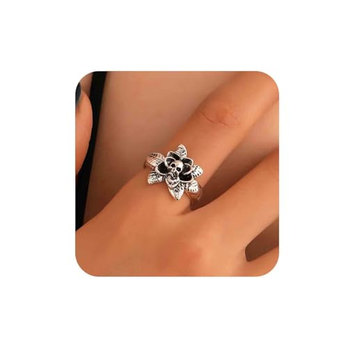 Aneneiceera Vintage Schädel Kopf Ringe Filigrane Blume Band Ringe Gothic Ringe Silber Skelett Ringe Punk Schädel Ringe Handschmuck Für Frauen von Aneneiceera
