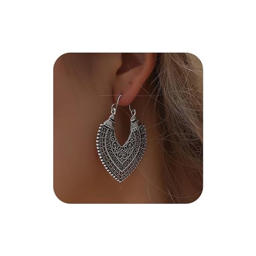 Aneneiceera Vintage Tribal Heart Dangle Earrings Filigrane Herz Creolen Silber Hollow Heart Earrings Ethnische Zigeuner Reif Ohrringe Schmuck Für Frauen Und Mädchen von Aneneiceera