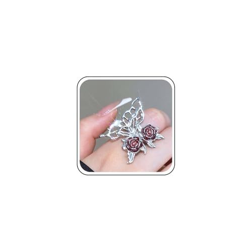 Aneneiceera Vintage Übertrieben Schmetterling Wrap Ring Silber Metall Schmetterling Blume Ringe Große Filigrane Rose Fingerringe Hohlen Knöchel Ring Hand Schmuck Für Frauen (rote Rose) von Aneneiceera