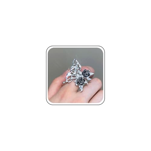 Aneneiceera Vintage Übertrieben Schmetterling Wrap Ring Silber Metall Schmetterling Blume Ringe Große Filigrane Rose Fingerringe Hohlen Knöchel Ring Hand Schmuck Für Frauen (schwarze Rose) von Aneneiceera