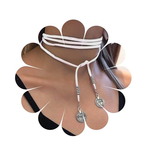 Aneneiszeit Jahrgang Lang Vagan Wildleder-Halskette Weiß Boho Leder Wrap Choker Halskette Leder Disc Coin Halskette Pullover Kette Schmuck für Frauen und Mädchen(Weiß) von Aneneiceera