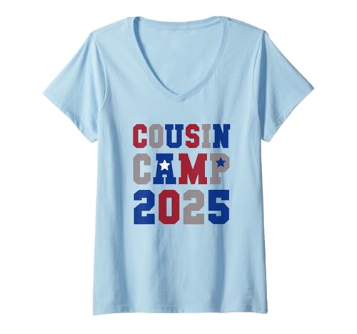 Damen Mädchen Jungen COUSIN CAMP 2025 US Familientreffen Urlaub Vibes T-Shirt mit V-Ausschnitt Damen Mädchen Jungen COUSIN CAMP 2025 US Familientreffen Urlaub Vibes T-Shirt mit V-Ausschnitt von Anerican Campfire Squad 4th of July Team Trip