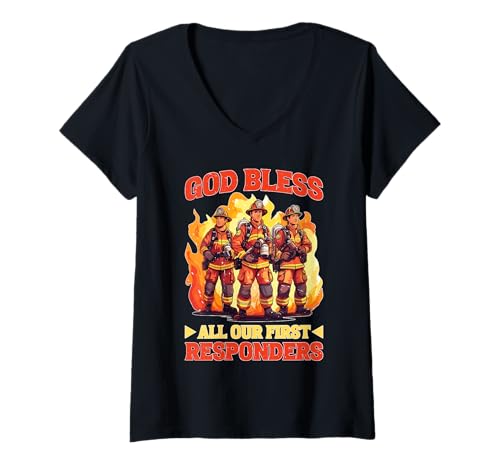 Damen God Bless All Our First Responders Anerkennung T-Shirt mit V-Ausschnitt Damen God Bless All Our First Responders Anerkennung T-Shirt mit V-Ausschnitt von Anerkennung und Dankbarkeit von Respondern