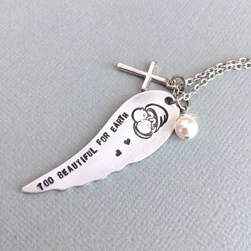 Gedenk Engel Flügel Halskette, Zwillinge Engel, Erinnerung Säugling Verlust, Kreuz Too Beautiful For Earth, Geschenk Für Mama von AnesandEve