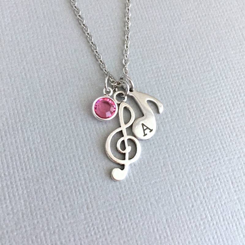 Hand Gestempelt Violinschlüssel Halskette, Musiknote, Musiker Kleine Mädchen, Birthstone Musik Charm, Sänger Halskette von AnesandEve