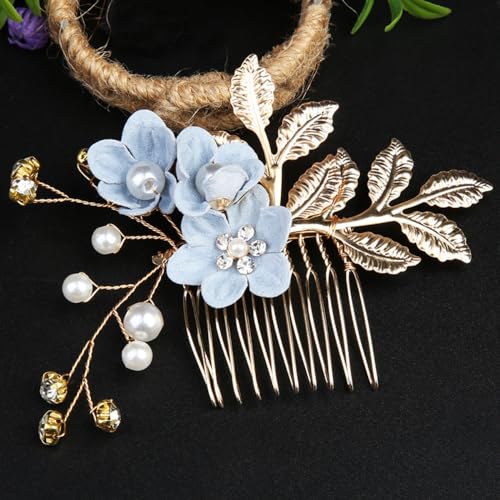 1 Stück Perlen Haarschmuck, Braut Hochzeit Haarkamm, Haarnadeln U Form Clip, Braut Kopfschmuck mit Blattgold, Seitenkämme Haarschmuck Kopfbedeckung für Braut Brautjungfern Frauen,Blau A von Anevous