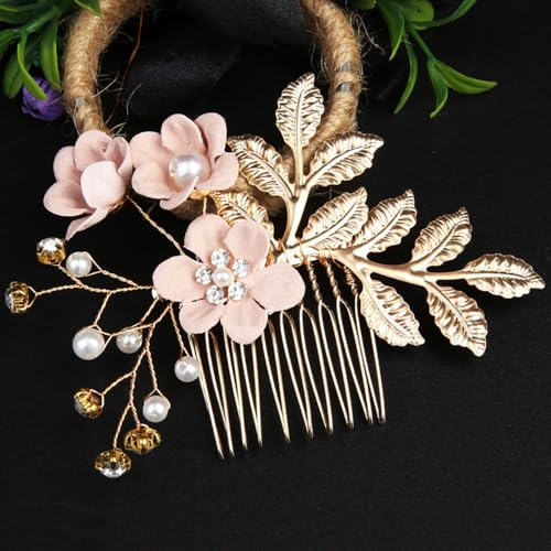 1 Stück Perlen Haarschmuck, Braut Hochzeit Haarkamm, Haarnadeln U Form Clip, Braut Kopfschmuck mit Blattgold, Seitenkämme Haarschmuck Kopfbedeckung für Braut Brautjungfern Frauen,Rosa A von Anevous