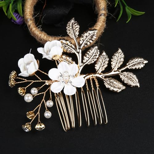 1 Stück Perlen Haarschmuck, Braut Hochzeit Haarkamm, Haarnadeln U Form Clip, Braut Kopfschmuck mit Blattgold, Seitenkämme Haarschmuck Kopfbedeckung für Braut Brautjungfern Frauen,Weiß A von Anevous