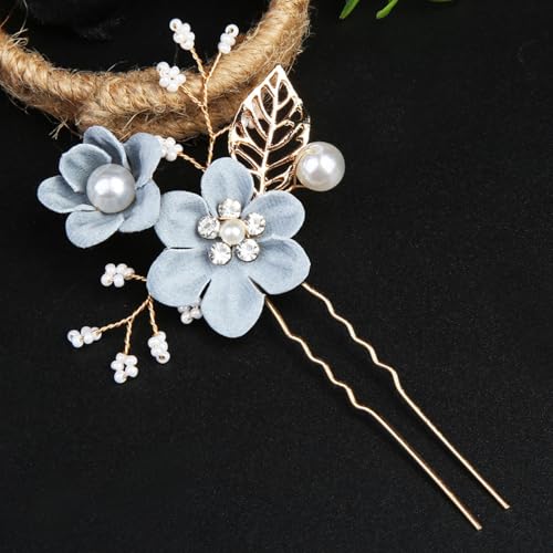 2 Stück Braut Hochzeit Haarschmuck, Perlen Blume Haarnadeln, Hochzeit Clip Haarnadeln, Kopfschmuck Haarspangen, Frauen Haarschmuck für Braut Brautjungfern,Blau B von Anevous