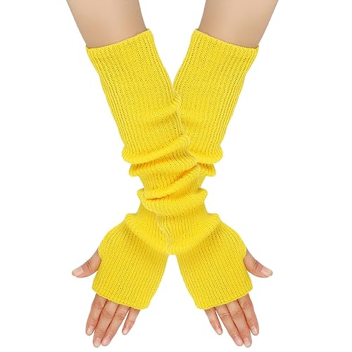 Anevous Lange Fingerlose Handschuhe für Damen, Weiche Winter Warme Handschuhe Vintage Stricken Handschuhe Gestrickt Stretch Armstulpen für Herbst Winter Zubehör,Gelb von Anevous
