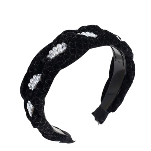 Perlen Stirnbänder für Damen, 3.5cm breite Modisch Geflochtene Haarband, Rutschfeste Haarreifen, Einfarbig Haarbänder für Sport Tägliche Fitness, Damenhaare Zubehör, Haarschmuck, Schwarz von Anevous