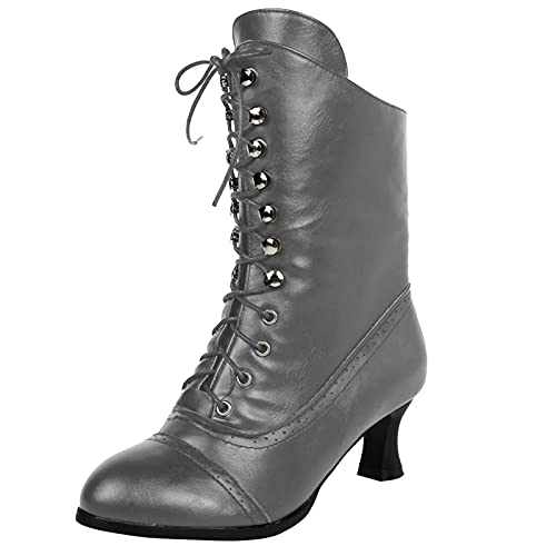 Anfuffjie Damen Stiefeln Viktorianische Vintage Gothic Hochzeit Oktoberfest Mittelalterliche Dampfpunk Stiefeletten (004 Grau, Erwachsene, Damen, 42, Numerisch, EU Schuhgrößensystem, M) von Anfuffjie