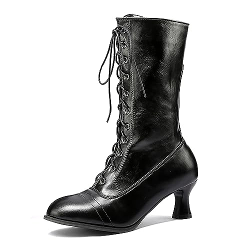 Anfuffjie Damen Stiefeln Viktorianische Vintage Gothic Hochzeit Oktoberfest Mittelalterliche Dampfpunk Stiefeletten (012 Schwarz, Erwachsene, Damen, 35, Numerisch, EU Schuhgrößensystem, M) von Anfuffjie