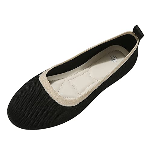 Anfuffjie Flache Schuhe Für Damen Ballerinas Freizeitschuhe Gestrickte Mary Jane Einfarbig Flachboden Runde Zehe Leichtes Mesh Atmungsaktiv Slip On Bequem Damenschuhe (016 Schwarz, 38) von Anfuffjie