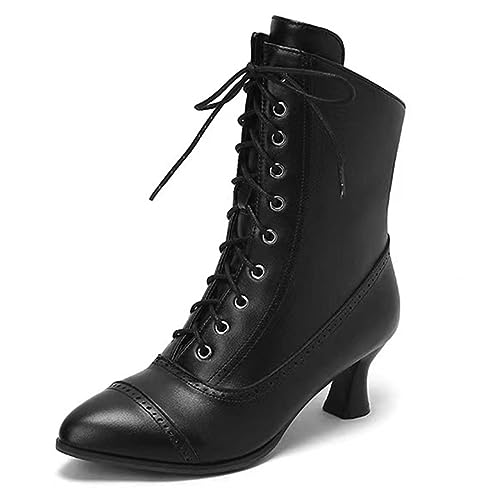 Anfuffjie Viktorianisch Damen Stiefeletten Vintage Gothic Schnürstiefel aus Leder Hochzeit Bier Festival Steampunk (001 Black, Erwachsene, Damen, 39, Numerisch, EU Schuhgrößensystem, M) von Anfuffjie