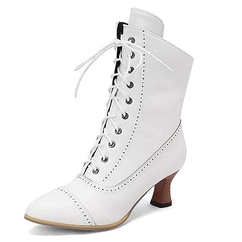 Anfuffjie Viktorianisch Damen Stiefeletten Vintage Gothic Schnürstiefel aus Leder Hochzeit Bier Festival Steampunk (002 White, Erwachsene, Damen, 37, Numerisch, EU Schuhgrößensystem, M) von Anfuffjie