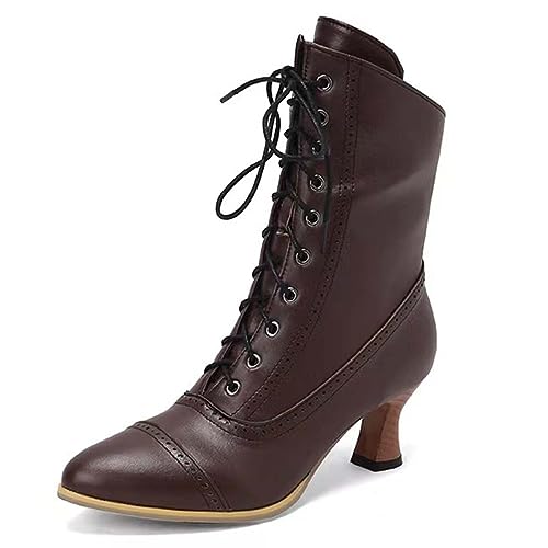 Anfuffjie Viktorianisch Damen Stiefeletten Vintage Gothic Schnürstiefel aus Leder Hochzeit Bier Festival Steampunk (003 Brown, Erwachsene, Damen, 42, Numerisch, EU Schuhgrößensystem, M) von Anfuffjie