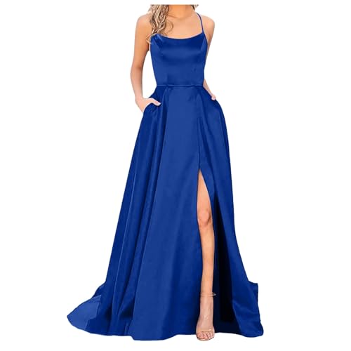 Satin Abendkleid Damen Lange Ballkleider Elegantes A-Linie Ballkleid mit hohem Schlitz Sexy rückenfreies Cocktailkleid Spaghettiträger Abschlusskleid Maxi Partykleid von Anfuffjie