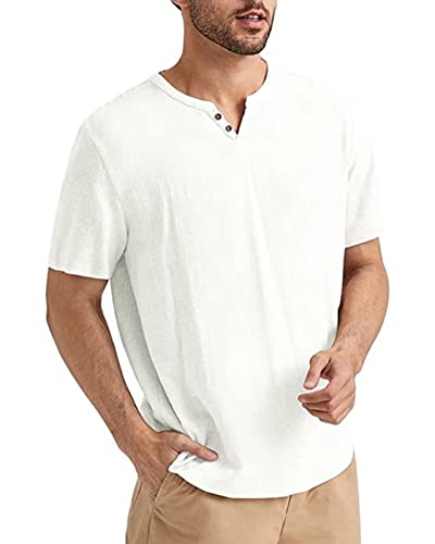 Angbater Herren-Leinenhemd, kurz, Strand, Hippie-T-Shirt, lässig, Sommer, leicht, tropisches Henley-Shirt, Weiss/opulenter Garten, XX-Large von Angbater