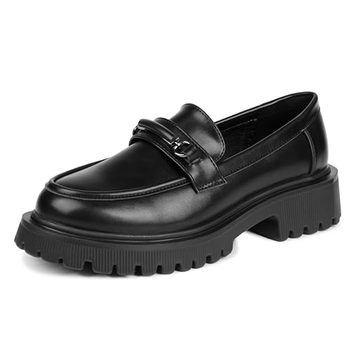 Angbater Damen Loafers Leder Oxford Schuhe Slip on Mokassins Chunky Heel Freizeitschuhe, Schwarz, matt, 40 EU von Angbater