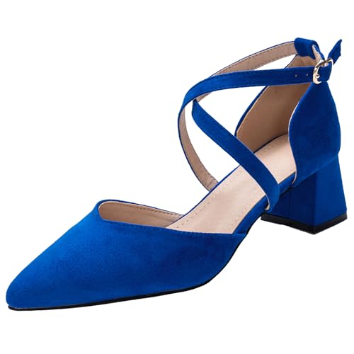 Damen Pumps Riemchenpumps Spangenpumps Sandale Kreuz Knöchelriemen Blockabsatz mit verstellbarem Schnallenverschluss Blau Size 41 von Angbater