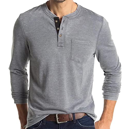 Herren Henley Langarm-T-Shirt, lässig, einfarbig, Grau (1), L von Angbater