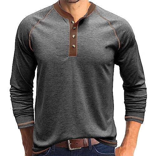 Herren Henley Langarm-T-Shirt, lässig, einfarbig, Oberteil, T-Shirt für Herren, Dunkelgrau2, L von Angbater