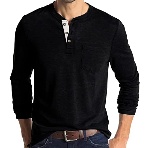 Herren Henley Langarm-T-Shirt, lässig, einfarbig, Schwarz , 3XL von Angbater