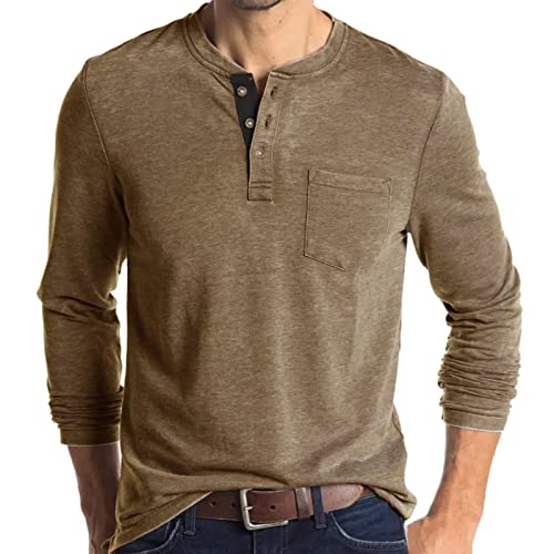 Henley-Langarm-T-Shirt für Herren, lässig, einfarbig, Khaki1, XXXL von Angbater