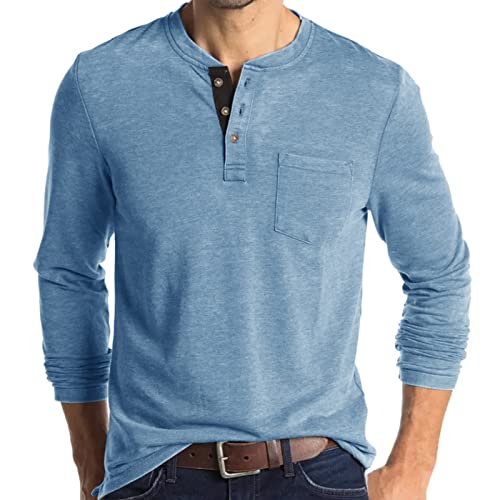 Herren Henley Langarm T-Shirts Casual Plain Shirt Tops, Blau, XL von Angbater