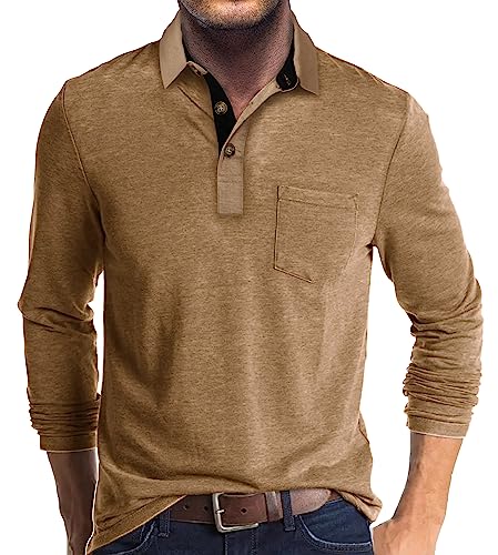 Herren Langarm Poloshirts mit Tasche Casual Golf Shirts, khaki, XL von Angbater
