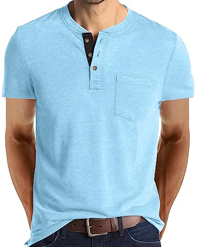 Mode Herren Henley Shirts Klassische Kurzarm Basic Knopf Baumwolle T-Shirt mit Tasche, aqua blue, Mittel von Angbater