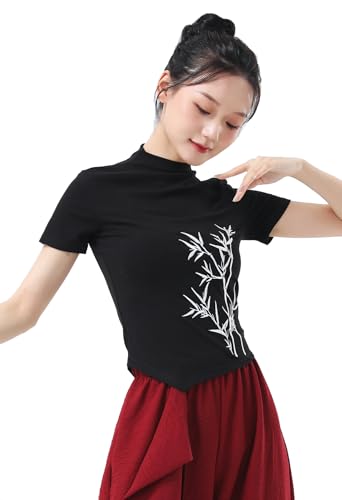 Angcoco Damen Stehkragen Bambus bestickte Kurzarm-T-Shirts von Angcoco