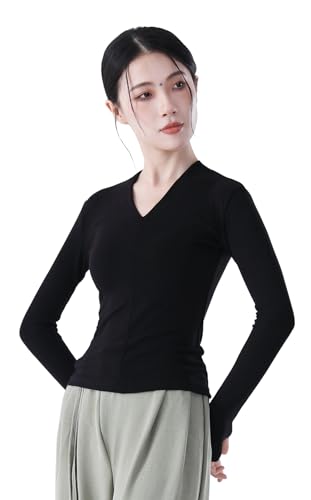 Angcoco Elegantes Langarmshirt mit V-Ausschnitt und Daumenlöchern für Damen zum Tanzen von Angcoco