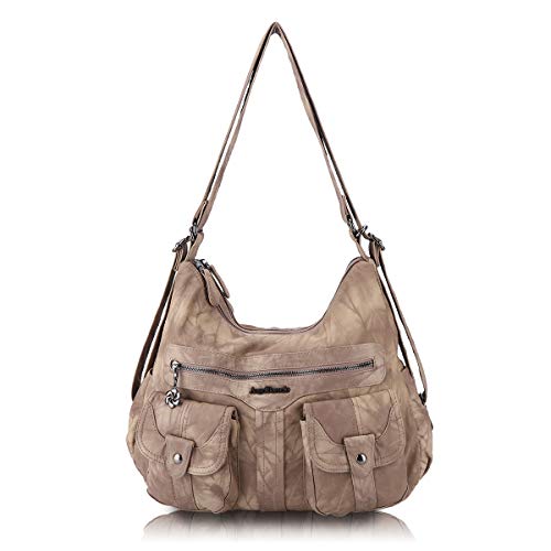 Angel Barcelo Damen Multifunktionale Handtasche aus weichem Leder, Schultertasche, Hobo-Rucksack, Crossbody-Tasche mit Reißverschluss und Tasche, Stilvolles Khaki, Einheitsgröße von Angel Barcelo