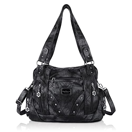 Angel Barcelo Geräumige modische Hobo Damen-Handtasche, Damen-Geldbörse, Umhängetasche, Ledertasche, Schwarz Grau, Einheitsgröße von Angel Barcelo