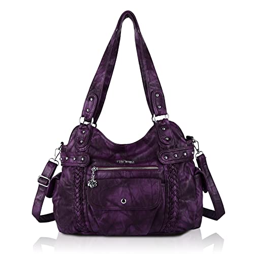 Angel Barcelo Roomy Fashion Hobo Damen Handtaschen Damen Geldbörse Umhängetasche Schultertasche Tote Gewaschene Ledertasche, Violett von Angel Barcelo