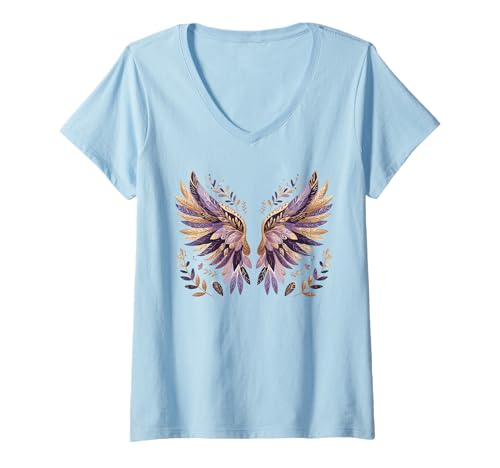 Damen Lila und Gold Engelsflügel T-Shirt mit V-Ausschnitt Damen Lila und Gold Engelsflügel T-Shirt mit V-Ausschnitt von Angel Designs