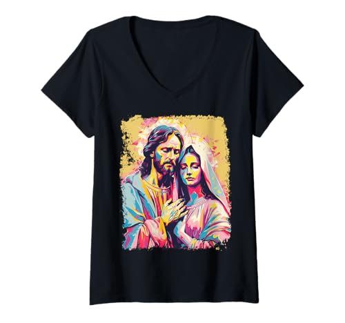 Damen Heiliger Jesus Christus Maria Magdalena T-Shirt mit V-Ausschnitt von Angel Jesus God Christian Religion Clothing