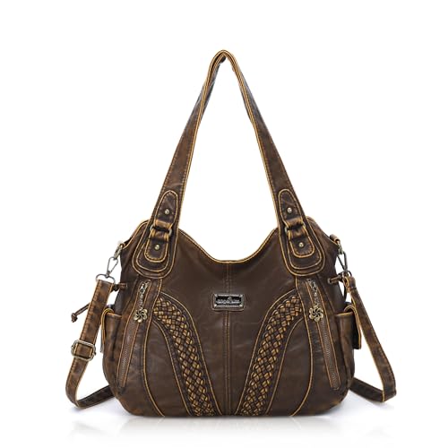 Angel Kiss Geldbörsen und Handtaschen für Damen, modische Tragetasche, Schultertaschen, Tragegriff oben, gewaschenes Kunstleder, Retro Brown-1, 13.8 * 4.7 * 11.8 inches von Angel Kiss